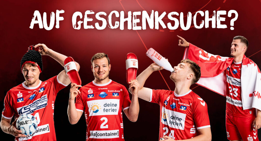 Die werbeanzeige zeit 4 Spieler der HSG Nordhorn-Lingen, wie sie verschiedene Fan-Artikel benutzen