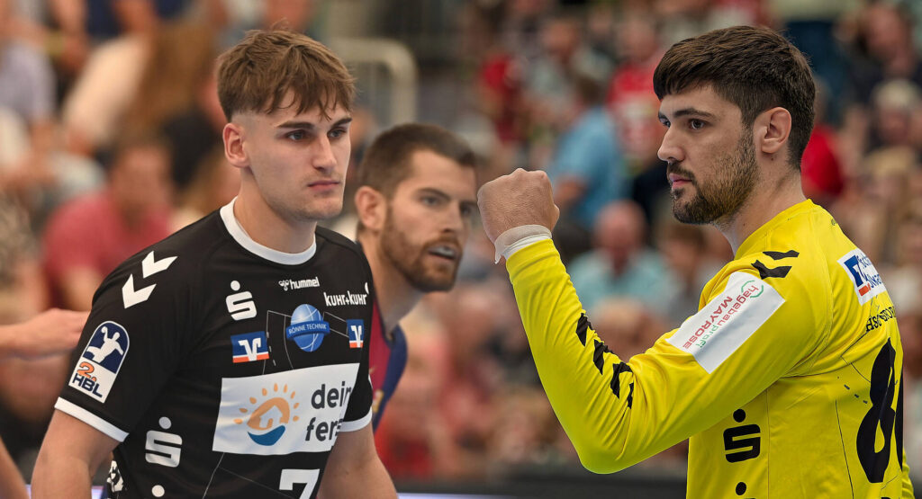 Das Bild zeigt die zwei HSG Spieler Luke Stricker und Ivan Budalic.